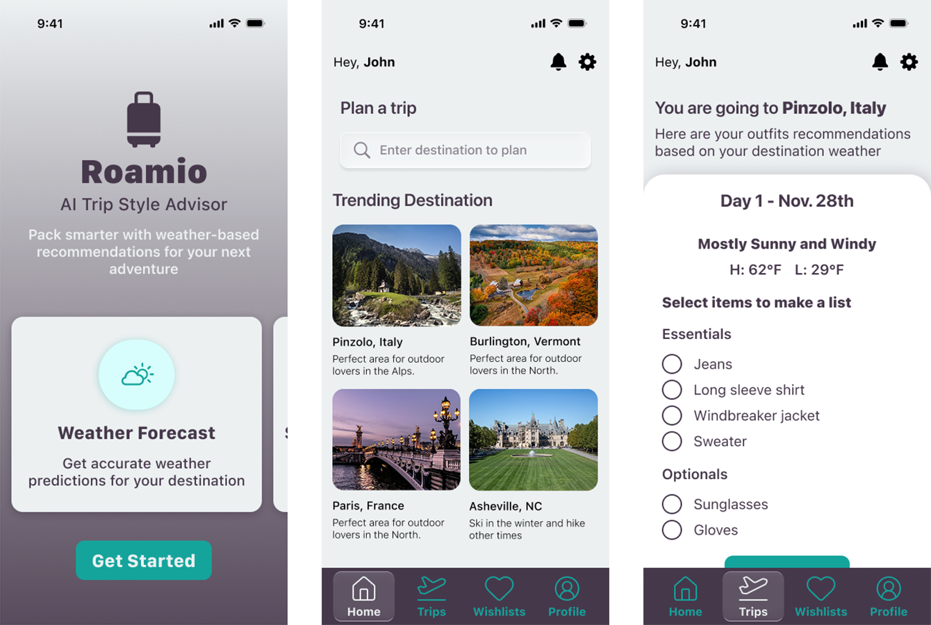 Roamio travel application screens